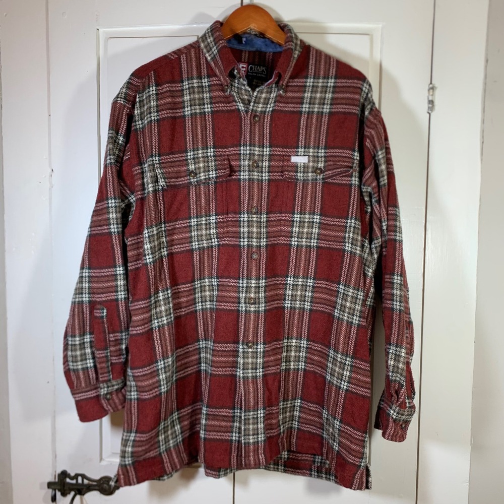 Chaps Ralph Lauren Mens Large Red Plaid Wool Blend Flannel Button Down Shirt L